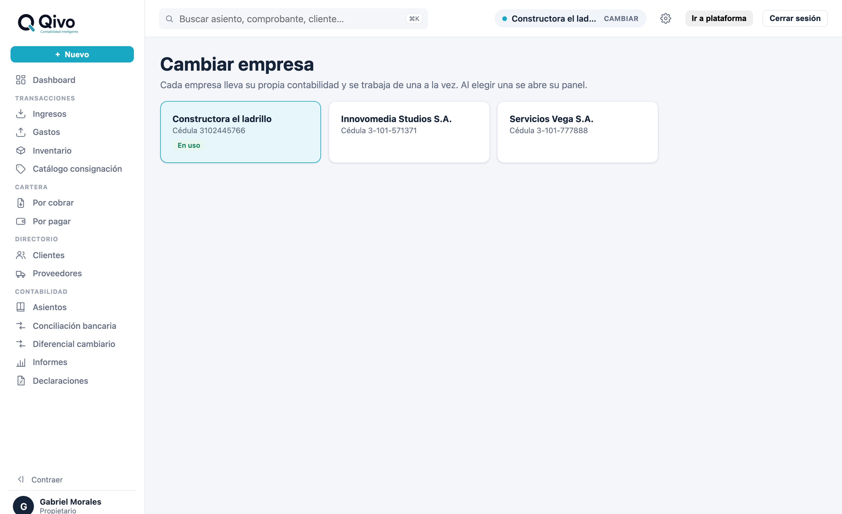 Pantalla para cambiar entre las empresas del despacho