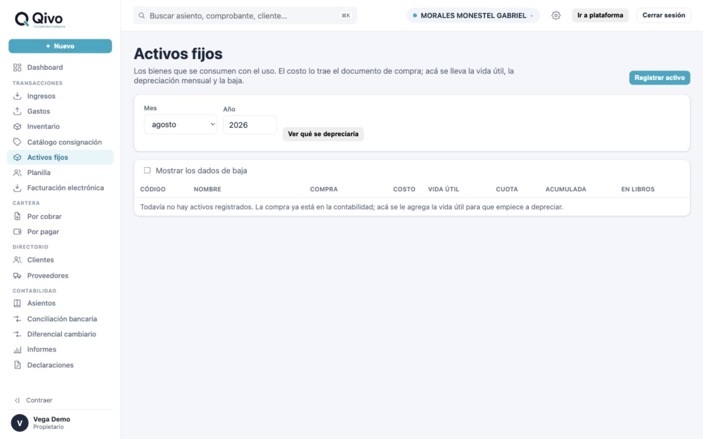Pantalla de Activos y planilla en Qivo