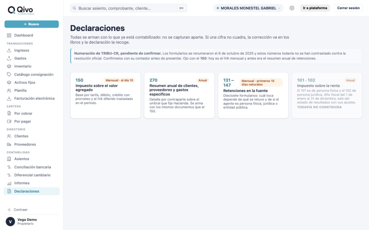 Pantalla de Impuestos en Qivo