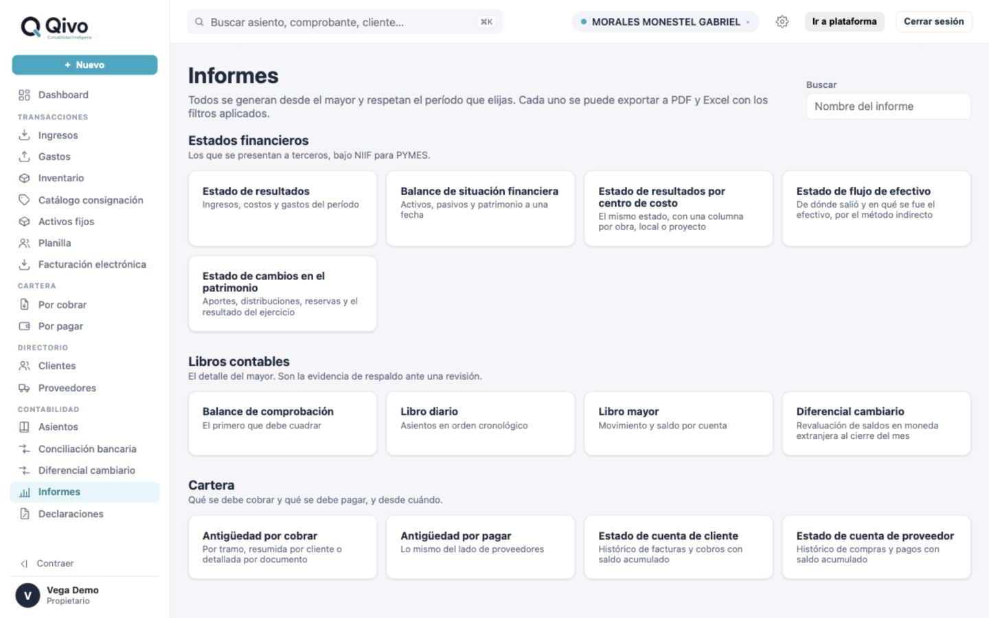 Pantalla de Informes en Qivo